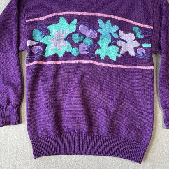 VTG 80s Grape Leaf Knit Sweater Womens M Purple Turquoise Retro Floral Pastel - Picture 5 of 12